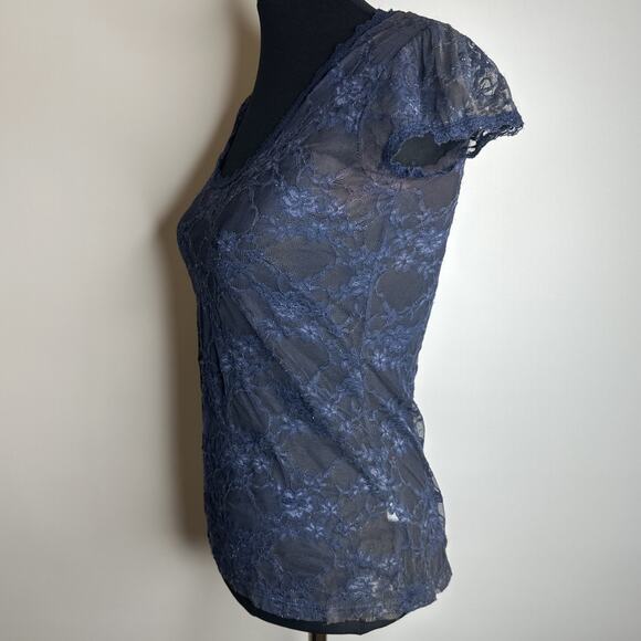 Y2k Down East Basics Womens S Navy Blue Stretchy Sheer Floral Lace T Shirt Top - Picture 5 of 11